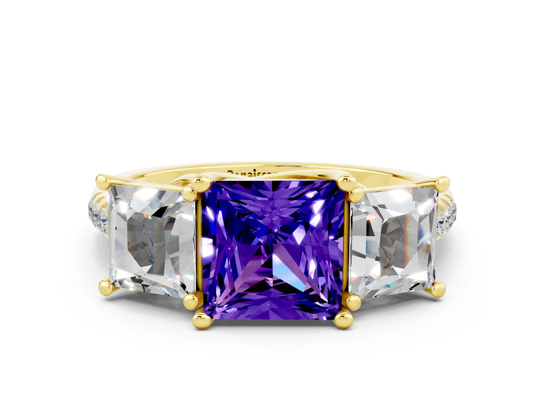 Yellow gold Three-Stone Princess Cut Tanzanite Ring with Round  Pavé Band and Prong Setting_12