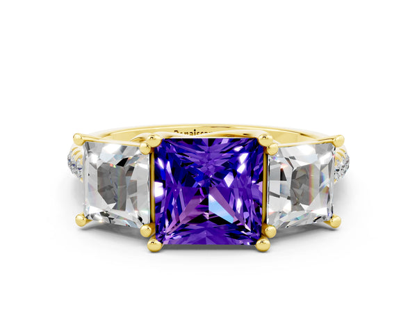Yellow gold Three-Stone Princess Cut Tanzanite Ring with Round  Pavé Band and Prong Setting