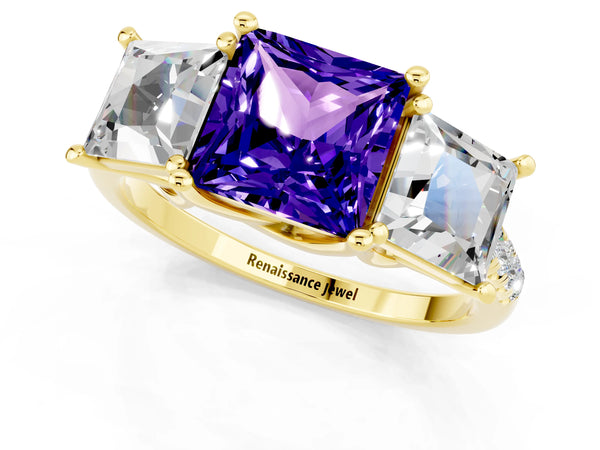 Yellow gold Three-Stone Princess Cut Tanzanite Ring with Round  Pavé Band and Prong Setting
