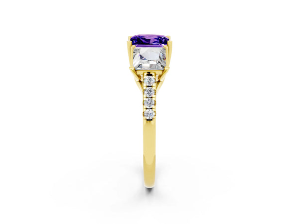 Yellow gold Three-Stone Princess Cut Tanzanite Ring with Round  Pavé Band and Prong Setting