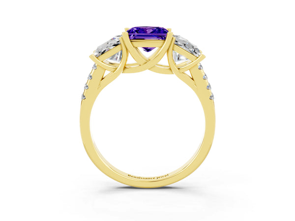 Yellow gold Three-Stone Princess Cut Tanzanite Ring with Round  Pavé Band and Prong Setting