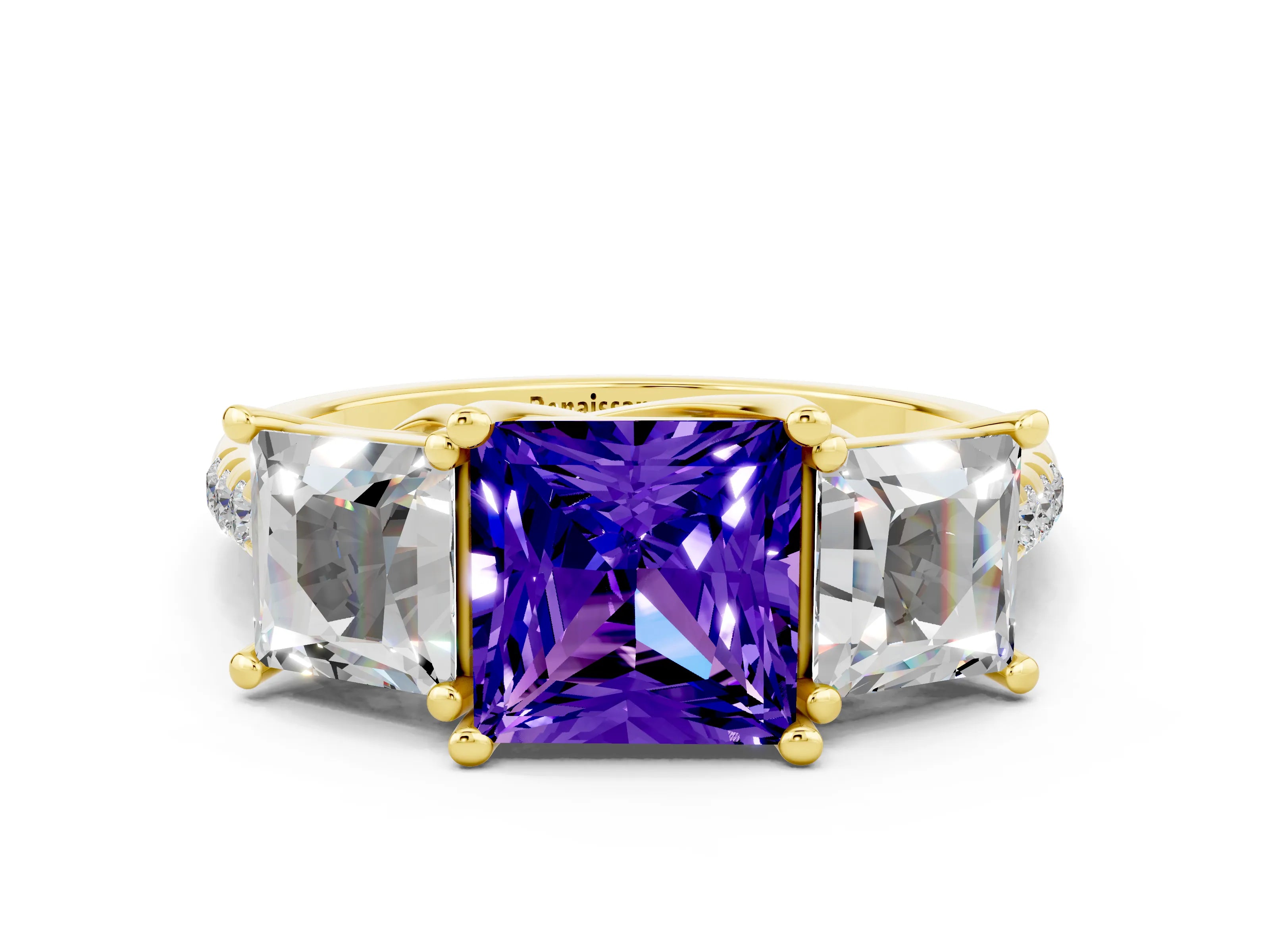 Yellow gold Three-Stone Princess Cut Tanzanite Ring with Round  Pavé Band and Prong Setting_24