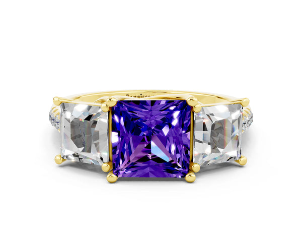 Yellow gold Three-Stone Princess Cut Tanzanite Ring with Round  Pavé Band and Prong Setting