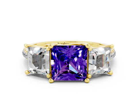 Yellow gold Three-Stone Princess Cut Tanzanite Ring with Round  Pavé Band and Prong Setting_24