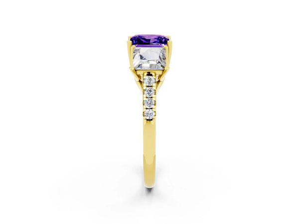 Yellow gold Three-Stone Princess Cut Tanzanite Ring with Round  Pavé Band and Prong Setting