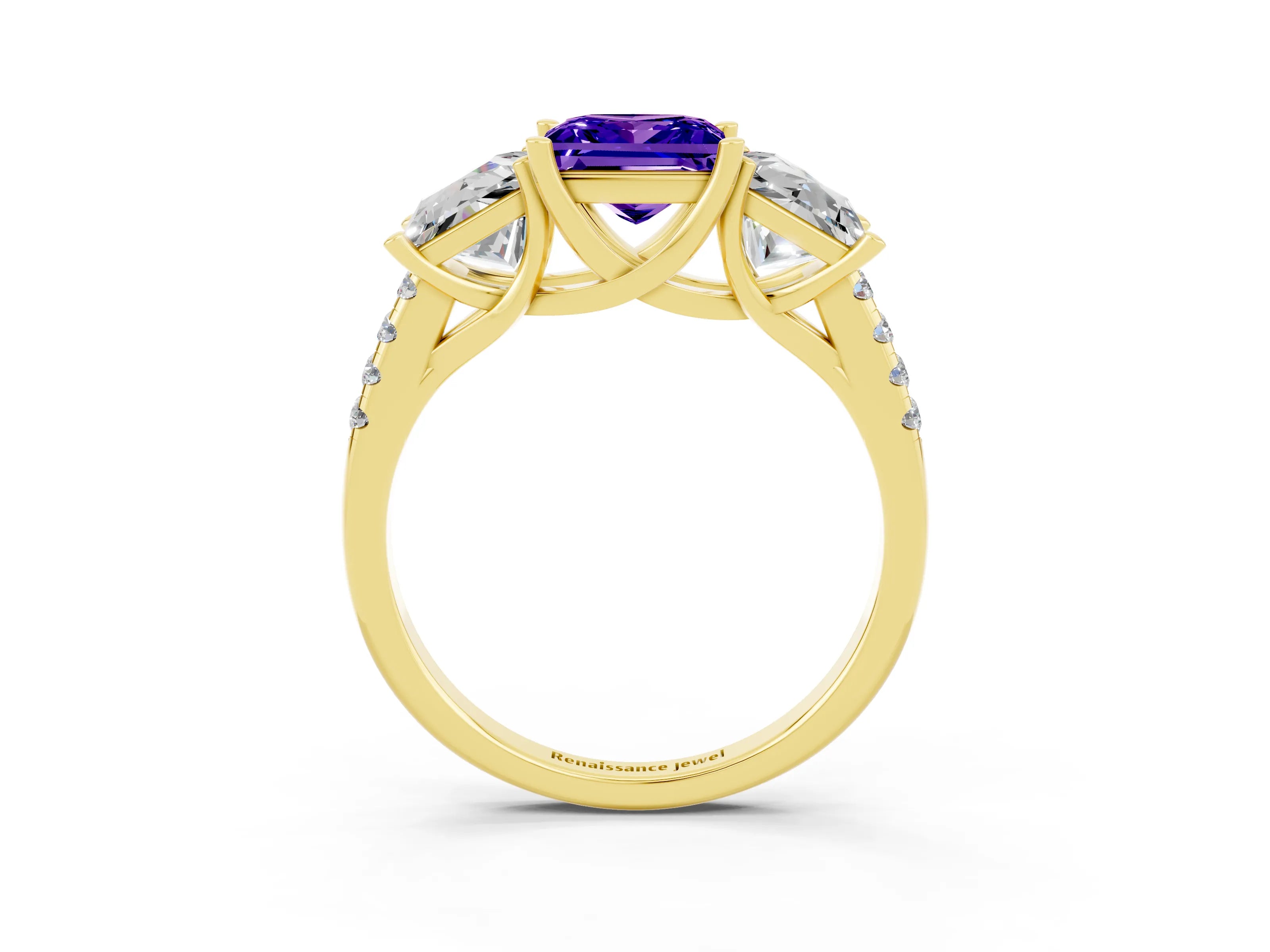 Yellow gold Three-Stone Princess Cut Tanzanite Ring with Round  Pavé Band and Prong Setting_27