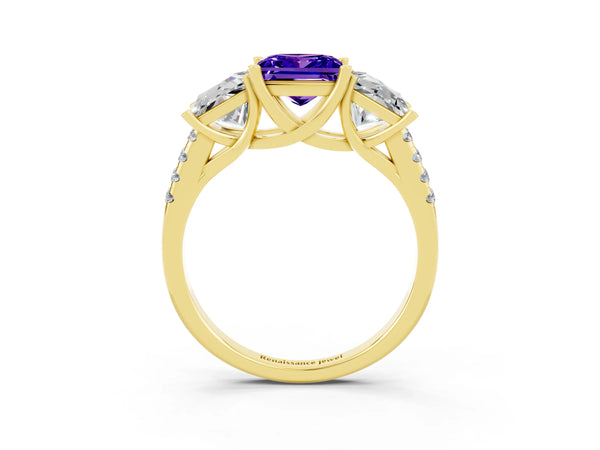 Yellow gold Three-Stone Princess Cut Tanzanite Ring with Round  Pavé Band and Prong Setting