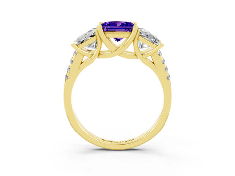 Yellow gold Three-Stone Princess Cut Tanzanite Ring with Round  Pavé Band and Prong Setting_27