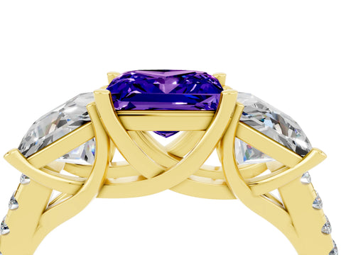 Yellow gold Three-Stone Princess Cut Tanzanite Ring with Round  Pavé Band and Prong Setting_28