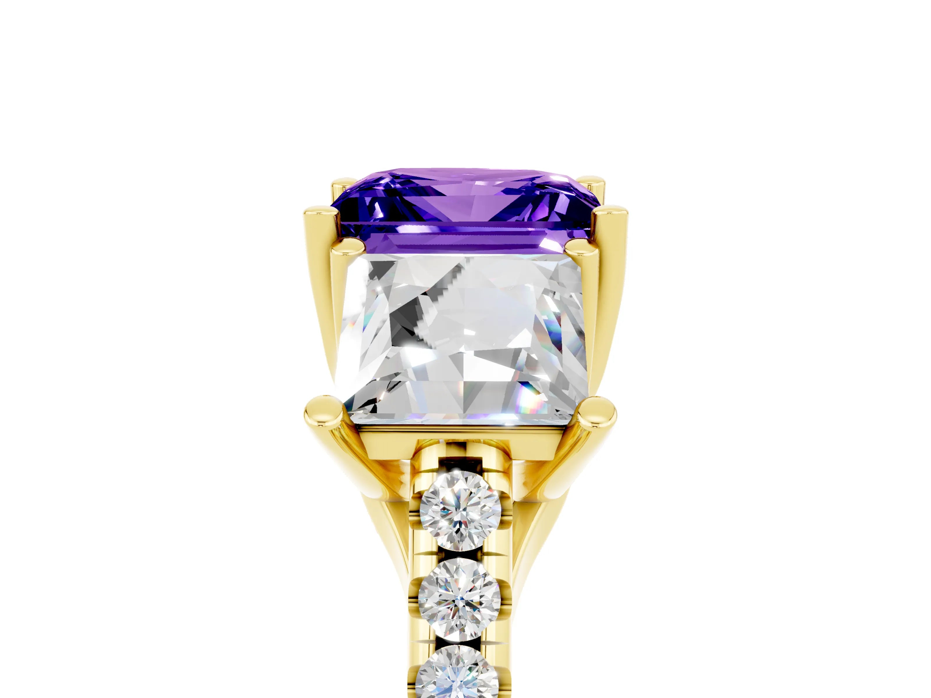 Yellow gold Three-Stone Princess Cut Tanzanite Ring with Round  Pavé Band and Prong Setting_29