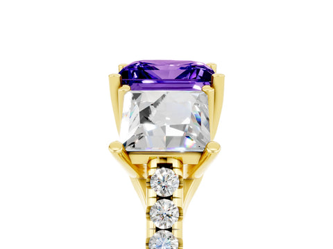 Yellow gold Three-Stone Princess Cut Tanzanite Ring with Round  Pavé Band and Prong Setting_29