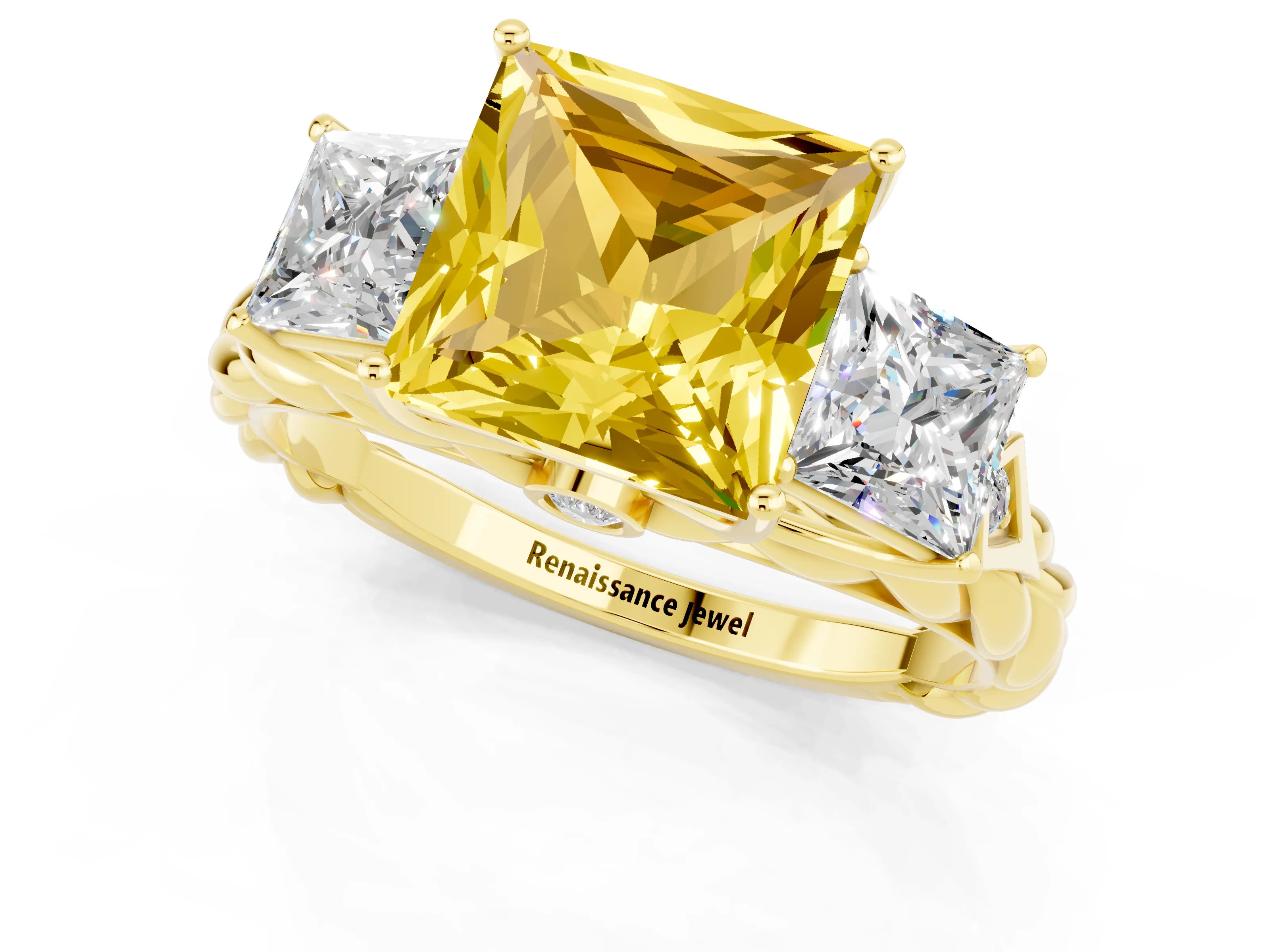 Yellow gold Three-Stone Princess Cut Yellow Sapphire Braided Band Ring with Four-Prong Setting_37