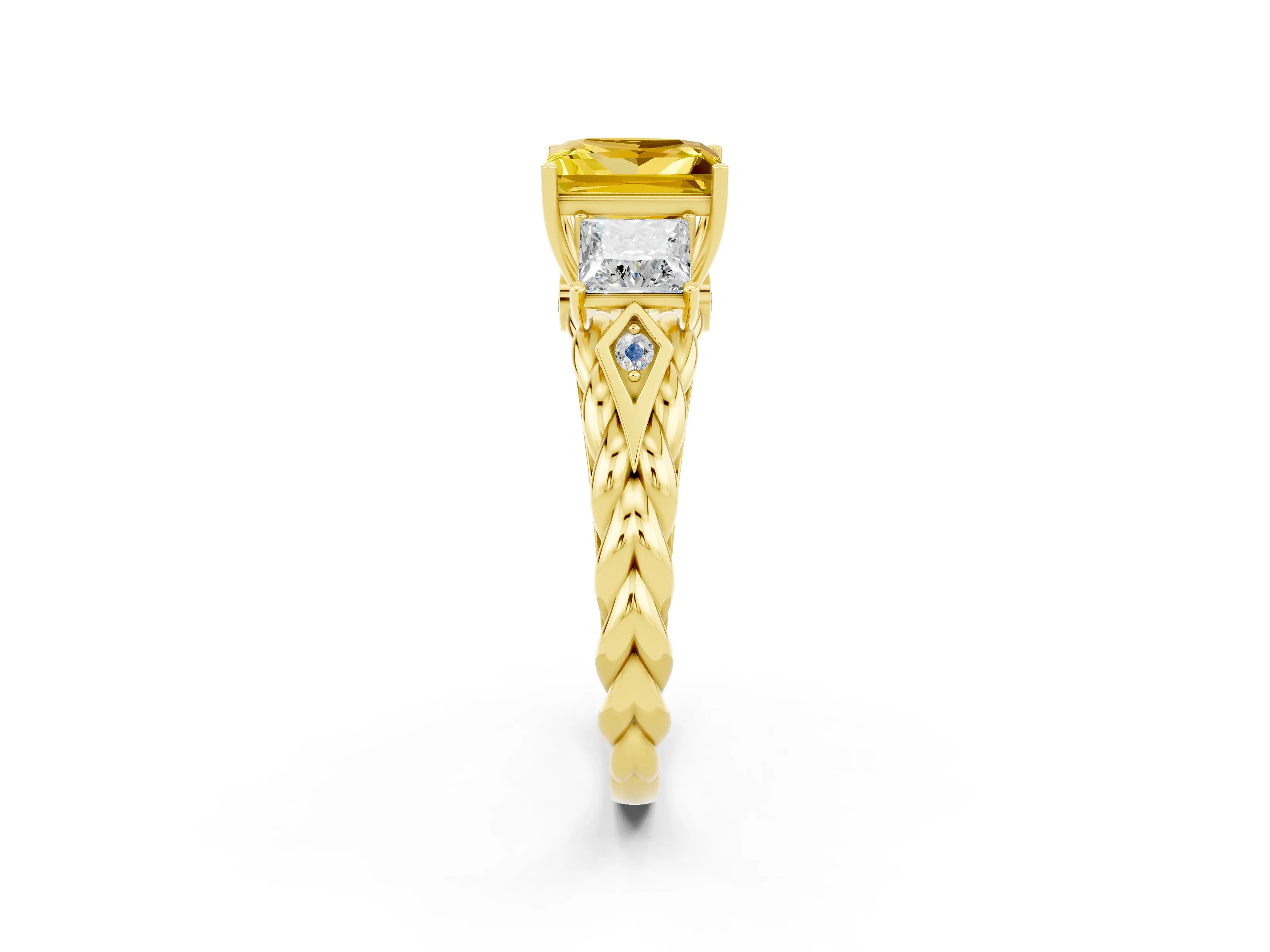 Yellow gold Three-Stone Princess Cut Yellow Sapphire Braided Band Ring with Four-Prong Setting_38