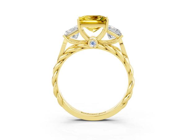 Yellow gold Three-Stone Princess Cut Yellow Sapphire Braided Band Ring with Four-Prong Setting