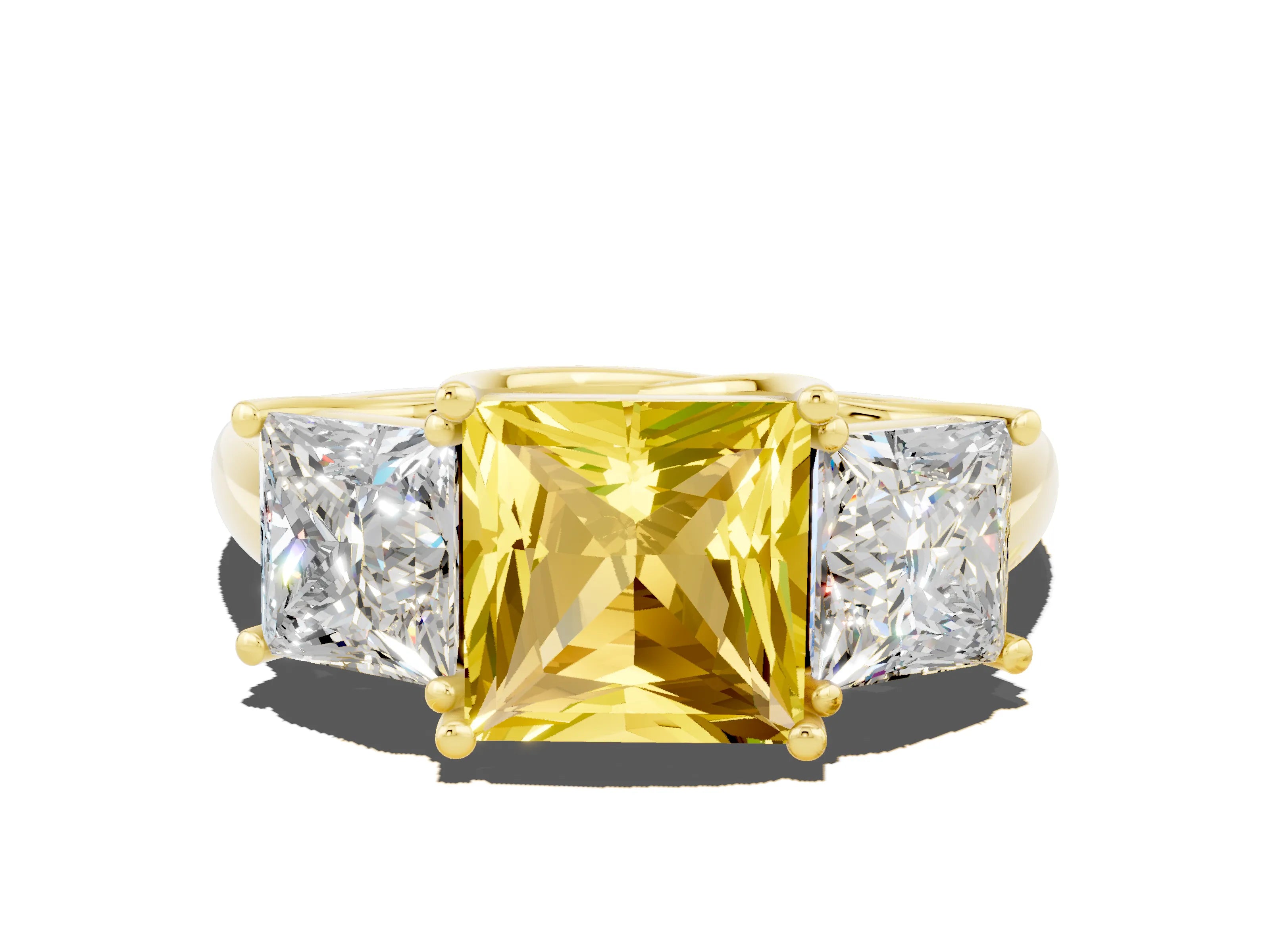 Yellow gold Three-Stone Princess Cut Yellow Sapphire Engagement Ring with Prong Setting