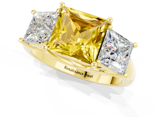 Yellow gold Three-Stone Princess Cut Yellow Sapphire Engagement Ring with Prong Setting