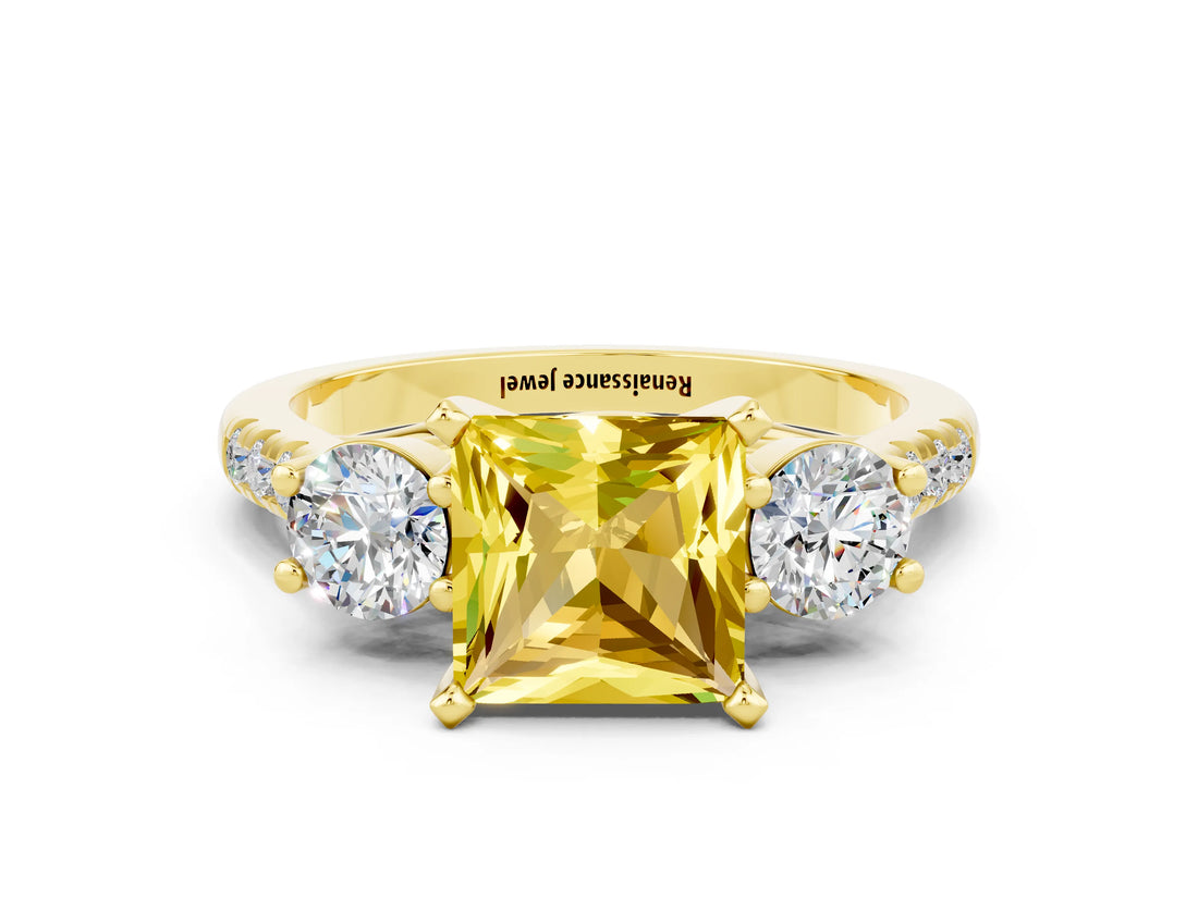 Yellow gold Three-Stone Princess Cut Yellow Sapphire Pavé Band with Four-Prong Setting_24