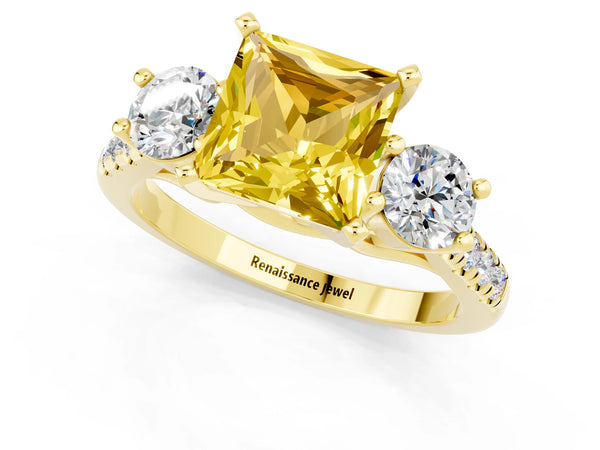 Yellow gold Three-Stone Princess Cut Yellow Sapphire Pavé Band with Four-Prong Setting