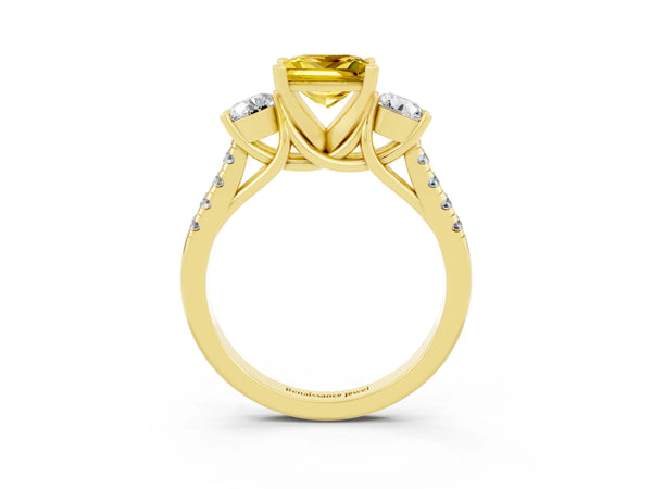 Yellow gold Three-Stone Princess Cut Yellow Sapphire Pavé Band with Four-Prong Setting