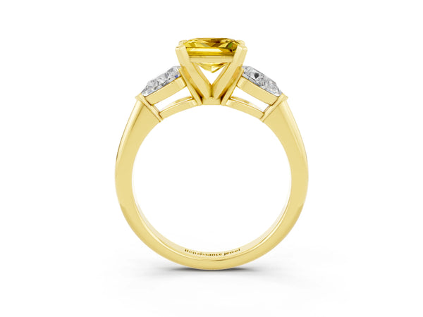 Yellow gold Three-Stone Princess Cut Yellow Sapphire Ring with Pear Side Stones and Four-Prong Setting