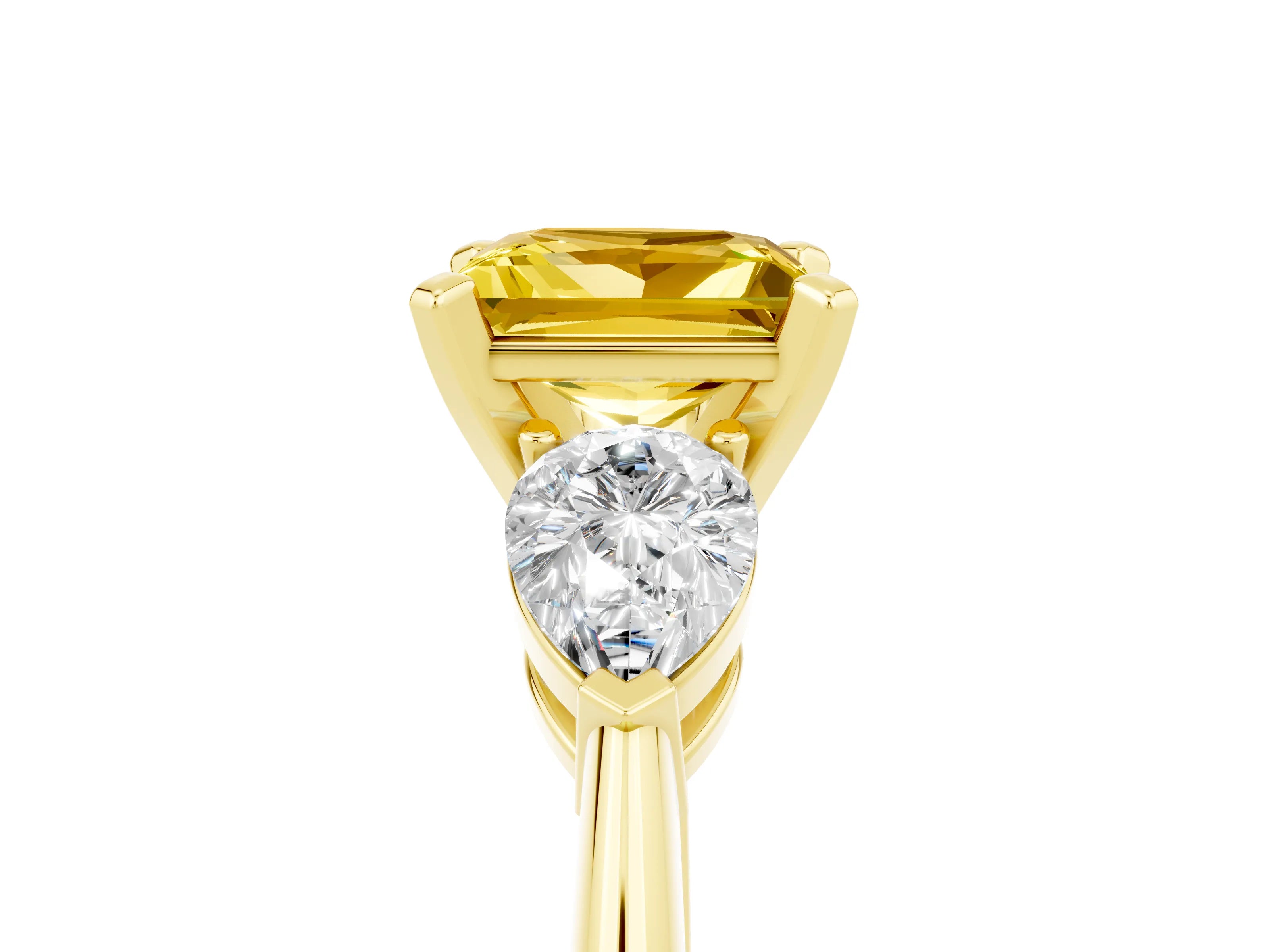 Yellow gold Three-Stone Princess Cut Yellow Sapphire Ring with Pear Side Stones and Four-Prong Setting_29