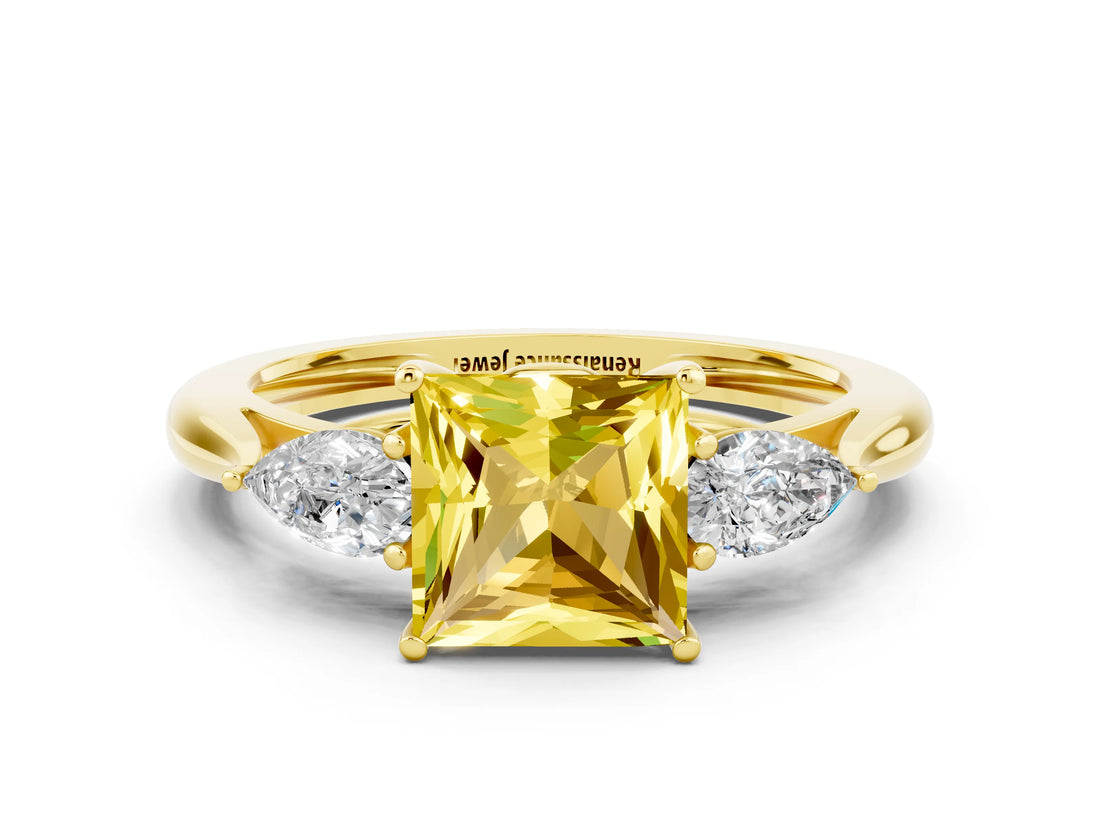 Yellow gold Three-Stone Princess Cut Yellow Sapphire Ring with Pear  Side Stones in Four-Prong Setting_12
