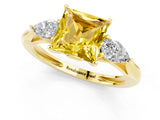 Yellow gold Three-Stone Princess Cut Yellow Sapphire Ring with Pear  Side Stones in Four-Prong Setting_13