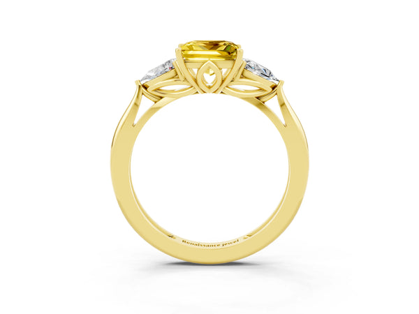 Yellow Gold Princess Cut Lab-Grown Yellow Sapphire Three Stone Engagement Ring with Pear Side Stones and Thin Band