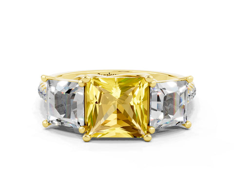 Yellow gold Three-Stone Princess Cut Yellow Sapphire Ring with Round  Pavé Band and Prong Setting_48