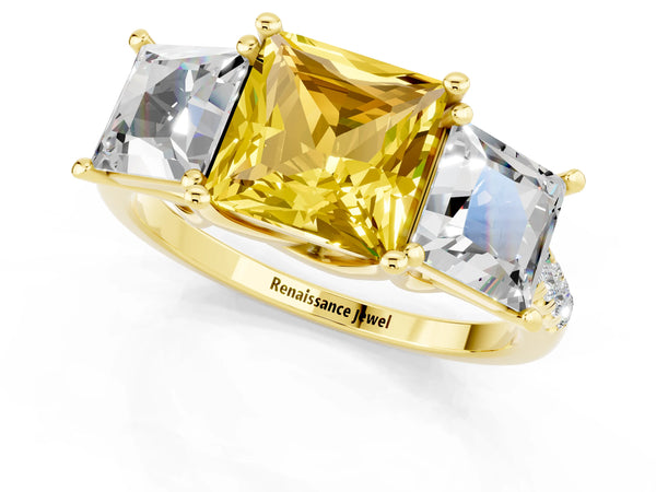 Yellow gold Three-Stone Princess Cut Yellow Sapphire Ring with Round  Pavé Band and Prong Setting