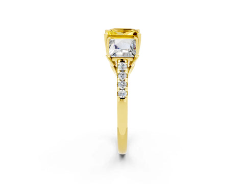 Yellow gold Three-Stone Princess Cut Yellow Sapphire Ring with Round  Pavé Band and Prong Setting_50