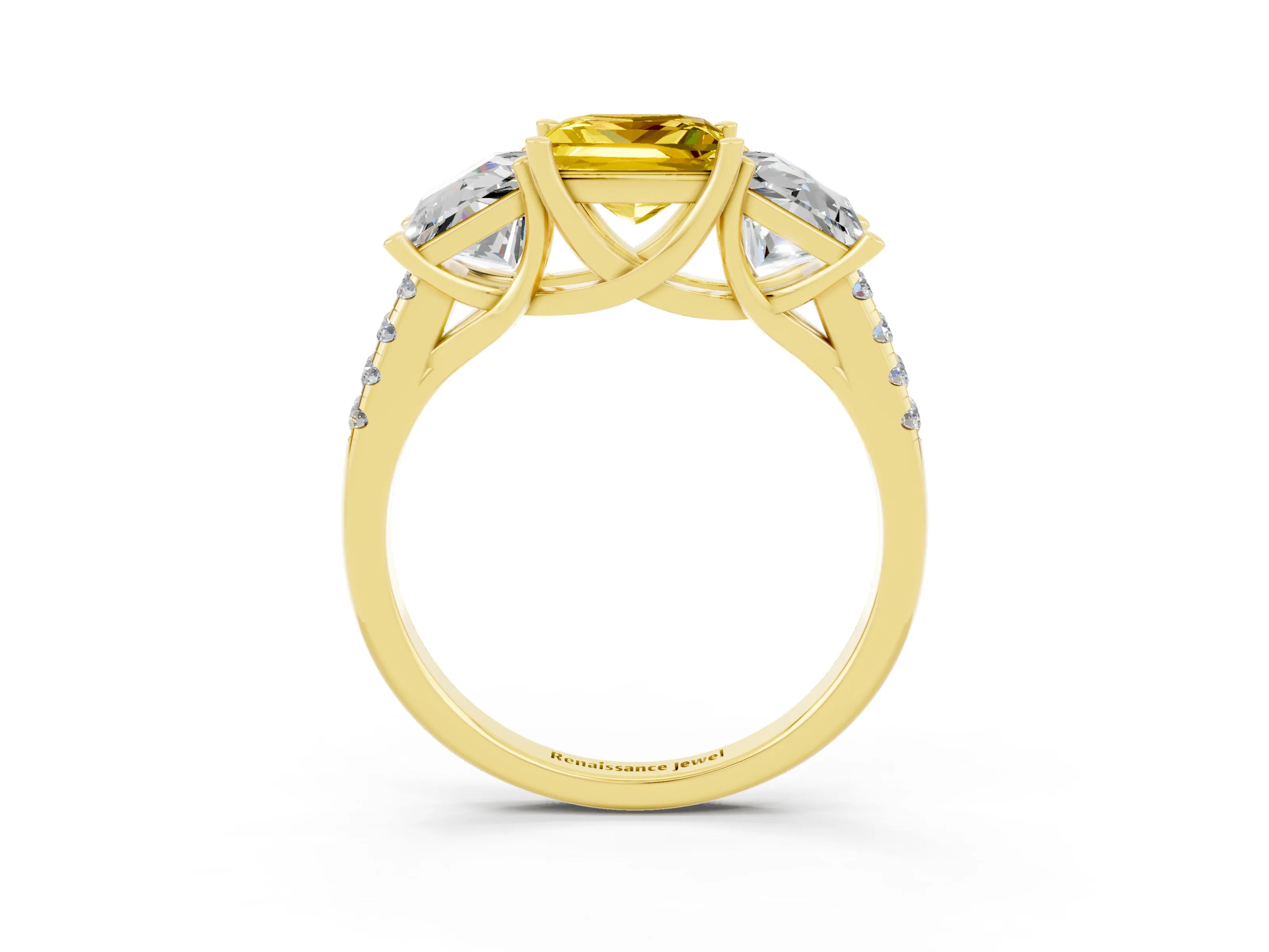 Yellow gold Three-Stone Princess Cut Yellow Sapphire Ring with Round  Pavé Band and Prong Setting_51