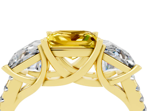 Yellow gold Three-Stone Princess Cut Yellow Sapphire Ring with Round  Pavé Band and Prong Setting_52