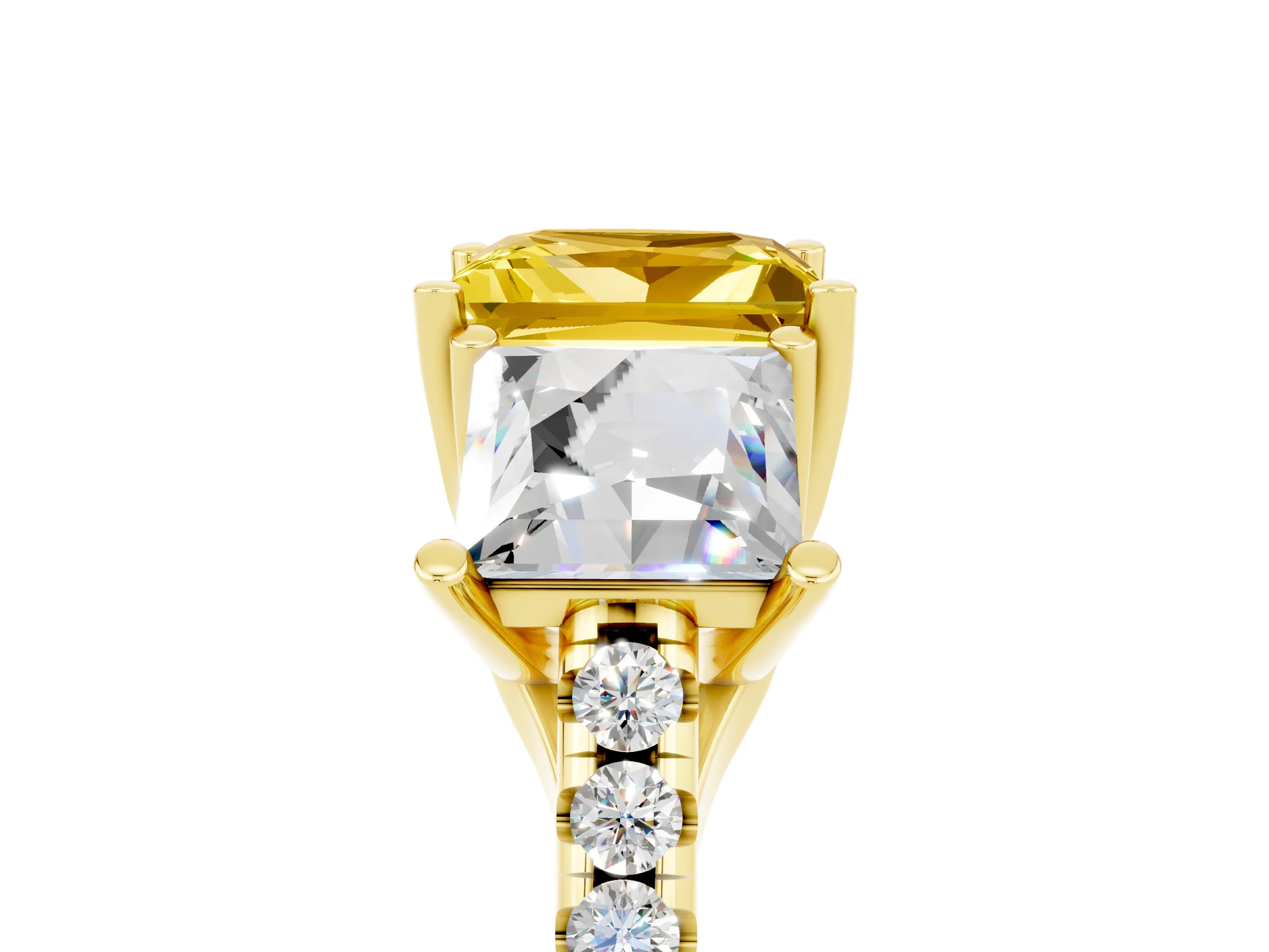 Yellow gold Three-Stone Princess Cut Yellow Sapphire Ring with Round  Pavé Band and Prong Setting_53