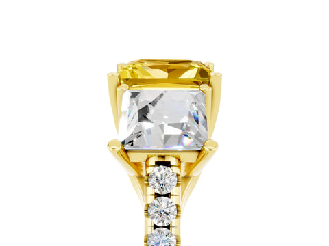 Yellow gold Three-Stone Princess Cut Yellow Sapphire Ring with Round  Pavé Band and Prong Setting_53