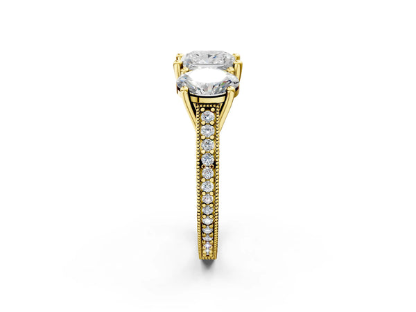 Yellow Gold Princess Cut Three-Stone Vintage Engagement Ring Setting with Milgrain Pave Band