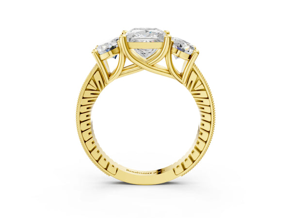 Yellow Gold Princess Cut Three-Stone Vintage Engagement Ring Setting with Milgrain Pave Band