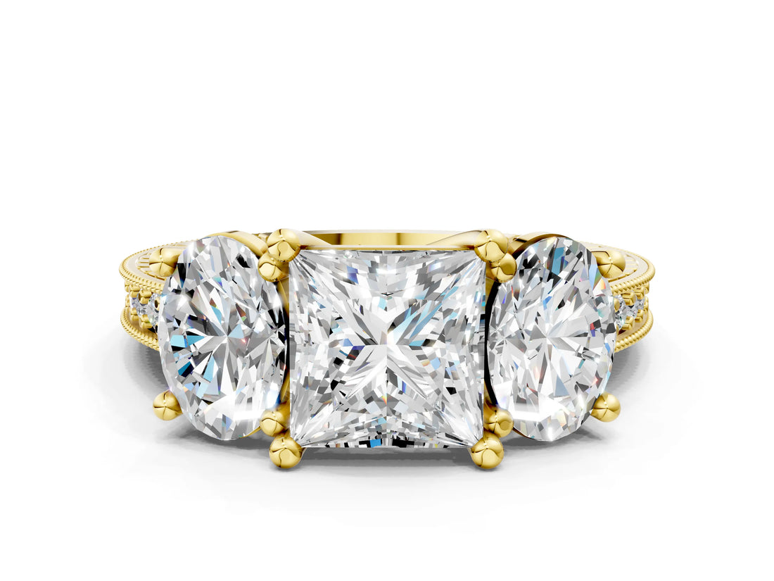 Yellow gold Three-Stone Princess Diamond Milgrain Pave Band with Prong Setting