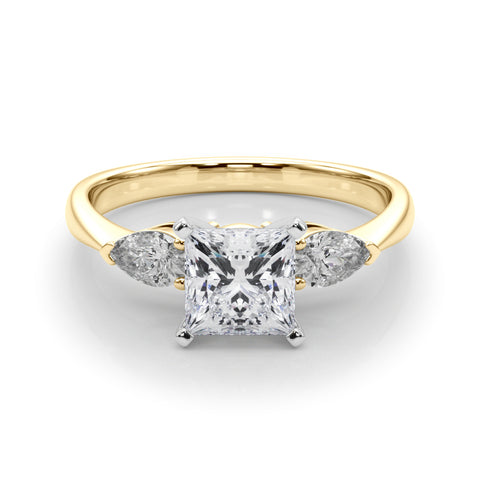 Yellow gold Three-Stone Princess Diamond Ring with Pear Side Stones on a Platinum Band with Four-Prong Setting 1