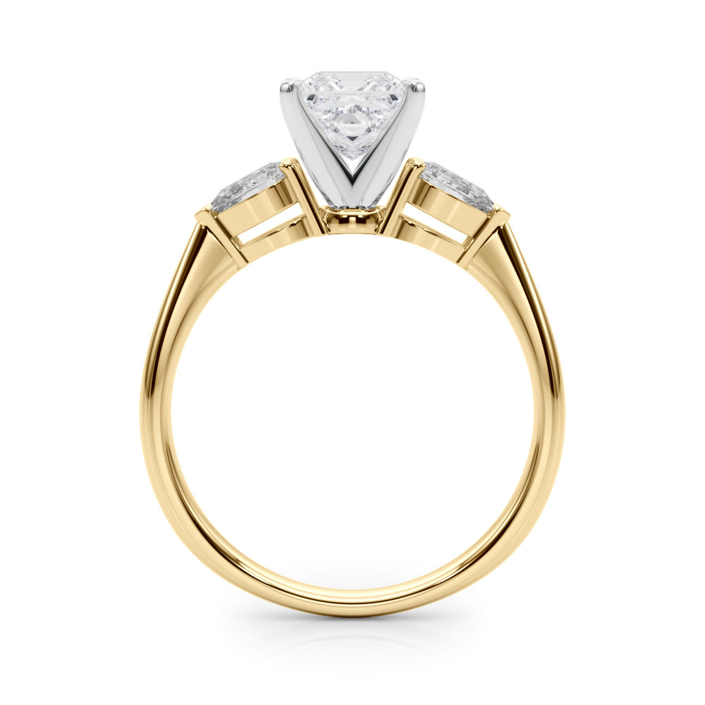 Yellow gold Three-Stone Princess Diamond Ring with Pear Side Stones on a Platinum Band with Four-Prong Setting 2