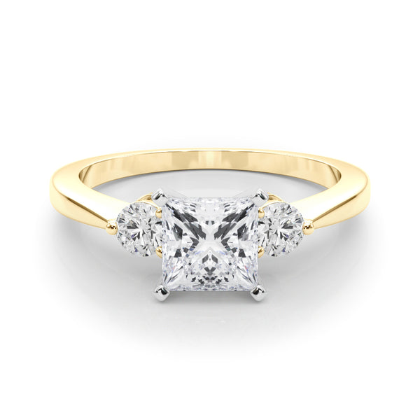 Yellow gold Three-Stone Princess Solitaire Ring with Tapered Band and Four-Prong Setting