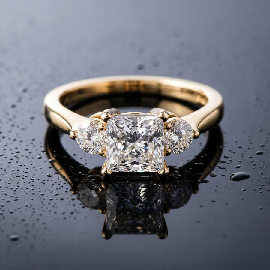 Yellow gold Three-Stone Princess Solitaire Ring with Tapered Band and Four-Prong Setting