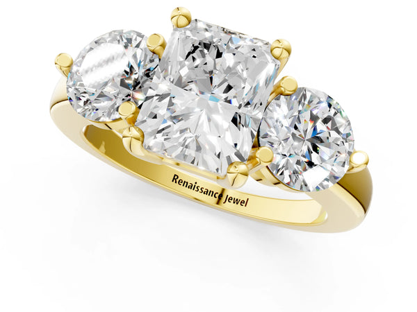 Yellow Gold Radiant Cut Three Stone Engagement Ring Setting with Open Prong Baskets