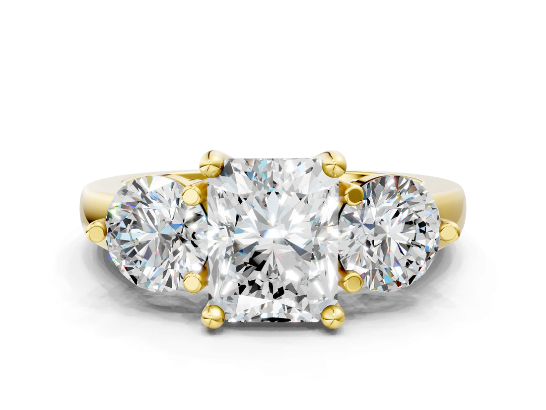 Yellow gold Three-Stone Radiant Brilliant Cut Solitaire Ring with Prong Setting on a Classic Band