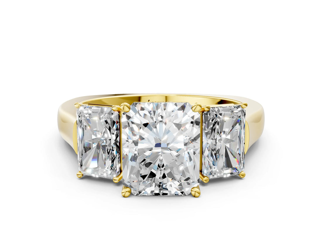 Yellow gold Three-Stone Radiant Cut Brilliant Diamond Trellis Ring with Comfort Fit Band_7