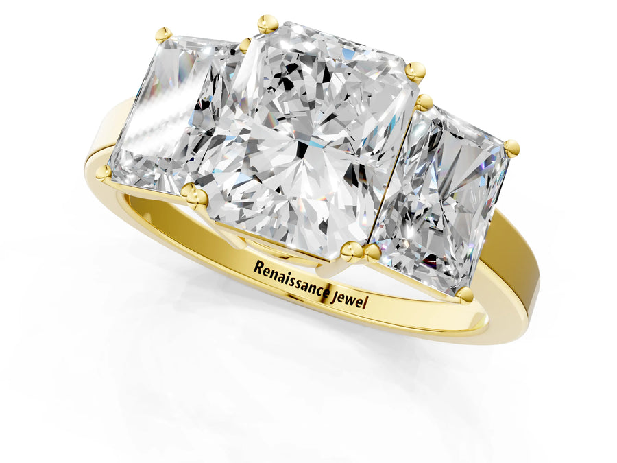 Yellow gold Three-Stone Radiant Cut Cut Diamond Engagement Ring with Flat Band and Four-Prong Setting
