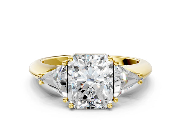Yellow gold Three-Stone Radiant Cut Cut Diamond Ring with Trillion Side Stones and Four-Prong Setting