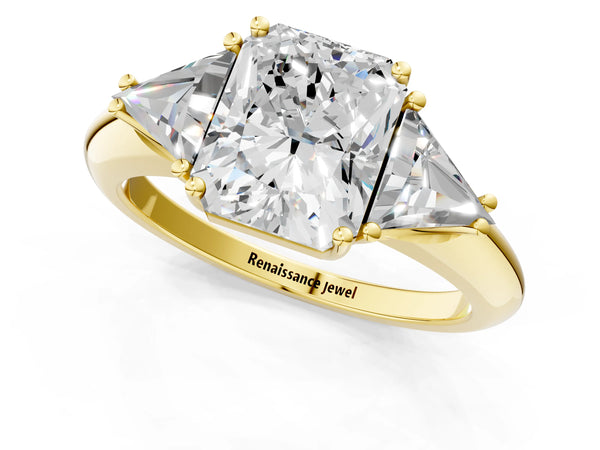 Yellow gold Three-Stone Radiant Cut Cut Diamond Ring with Trillion Side Stones and Four-Prong Setting