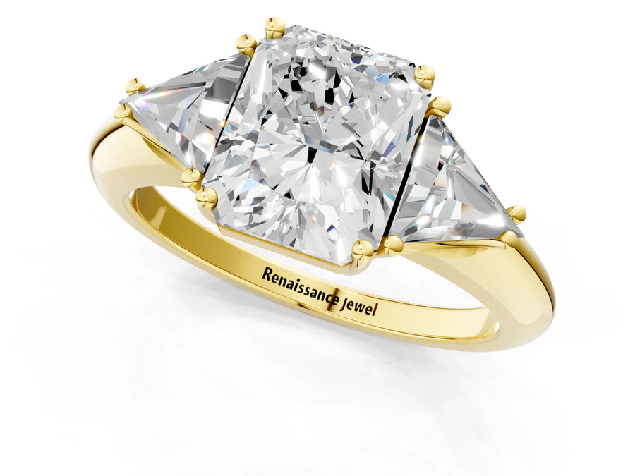 Yellow gold Three-Stone Radiant Cut Cut Diamond Ring with Trillion Side Stones and Four-Prong Setting