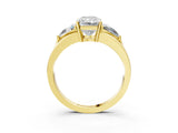 Yellow gold Three-Stone Radiant Cut Cut Diamond Ring with Trillion Side Stones on a Split Shank Band_12